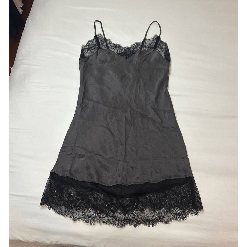 Etam France 100% Silk Chemise Slip Dress S Gray Black Lace Trim Y2K Euro Women
